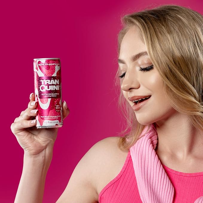 Tranquini Adaptogen Drink, Sparkling Water, Ashwagandha, Gluten & Sugar Free, Calming Non Alcoholic Drinks with L Theanine, Lemon Balm & Chamomile for Stress Support - Hibiscus, 8.5 Fl Oz (Pack of 12)