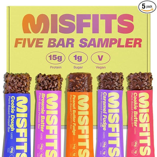 Misfits Vegan Protein Bars - Updated Recipe | Plant Based, Low Sugar & Carb, High Fiber Snacks | Variety Sample Pack to Trial the Flavors | Pack of 5 (1 of Each Flavor)