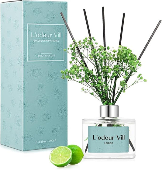 L'OEUR Vill Reed Diffuser Set - 6.7 oz (200ml) Lemon Scented Home Fragrance with 6 Oil Diffuser Sticks for Large Rooms & Bathrooms
