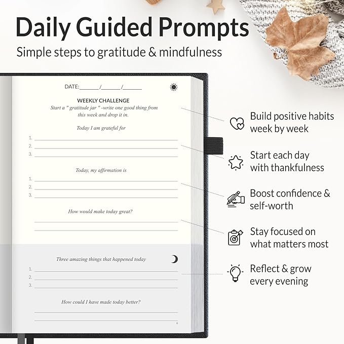 SUNEE Daily Gratitude Journal – Simple 5 Minute Journal for Daily Reflection, Build Positivity and Mindfulness, Undated Minimalist Planner for Women & Men (Black)