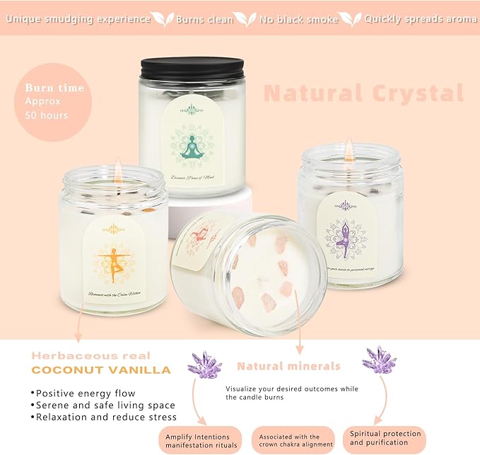 4 Pack Candles for Home Scented, Scented Candle Set with Crystals Stones, Aromatherapy Candles Birthday Gifts Set for Women, 24 Oz 200 Hour Long Lasting Soy Candles Gifts for Mothers Days