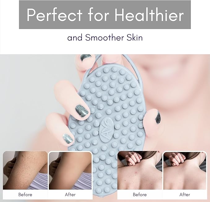 Avilana Silicone Body Scrubber - Food Grade & Lab Tested, Gentle Exfoliating Shower Brush for All Skin Types, Hygienic Quick-Dry Loofah Alternative (Lavender, Massage-Silver)