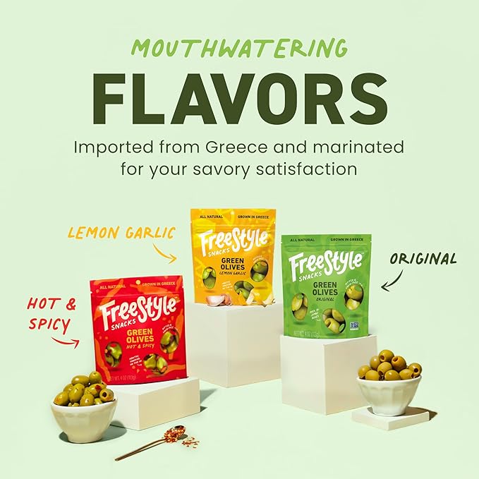 Freestyle Snacks Olive Snack Packs - Fresh Pitted Green Olives, 3 Flavors, Jumbo-Sized, Grown in Greece, Salty Snack, All Natural, Non-GMO, Paleo, Sugar-Free, Keto Snacks - Variety Pack, 4oz (3 Pack)