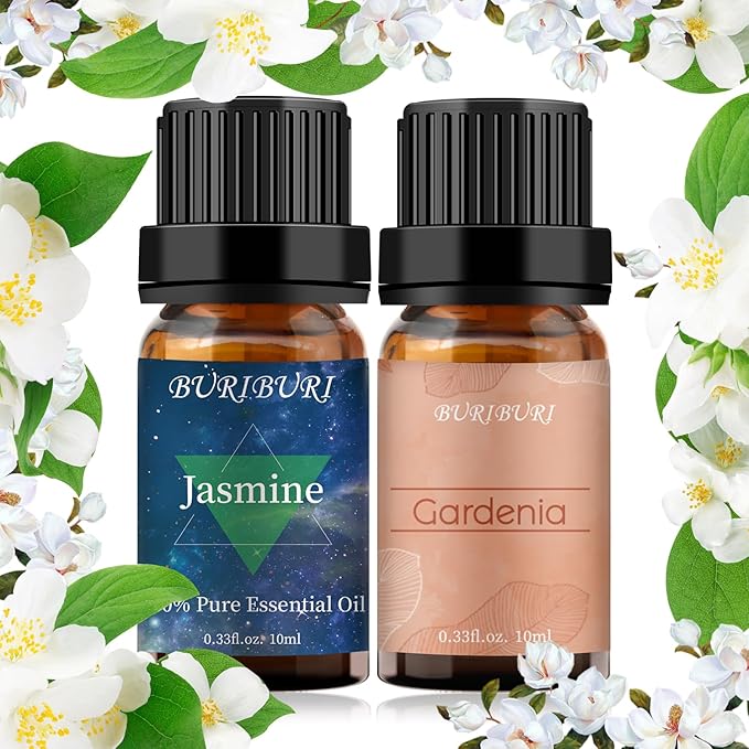 BURIBURI Jasmine Oil and Gardenia Essential Oils Gift Set, 100% Pure, Undiluted, Natural, Organic Aromatherapy Jasmine Essential Oils for Diffuser, Massage, 10MLx2