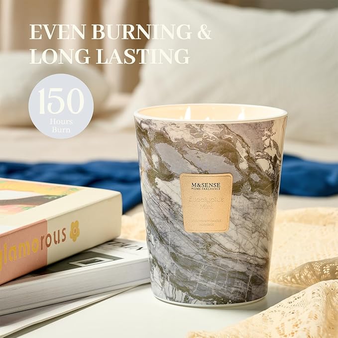 M&SENSE EucalyptusMint Scented Candles for Home, 3-Wick Highly Scented Jar Candles, Extra Large Candle 35 Oz 150 Hours Long Lasting Burning, Relaxing Aromatherapy Candle for Stress Relief, Meditation