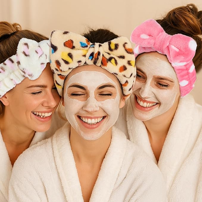 Prasacco 24 Pcs Spa Headband for Women, Soft Coral Fleece Headband for Washing Face Cute Skincare Headbands with Bow Elastic Polyester Makeup Headbands for Women Girls