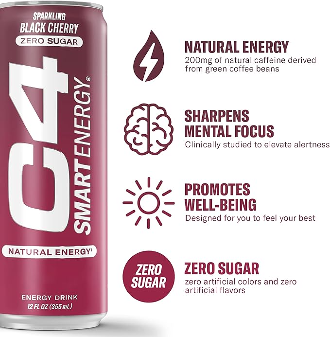 Cellucor C4 Smart Energy Drink - Sugar Free Performance Fuel & Nootropic Brain Booster, Coffee Substitute or Alternative | Black Cherry 12 Oz - 12 Pack