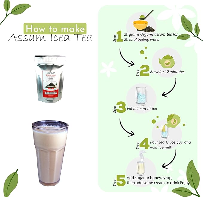 Greenhilltea, Organic Assam (TGFOP) Black teaWith Tippy and Flowery premium loose leaves tea packed in resealable zip lock foil bag 4 OZ