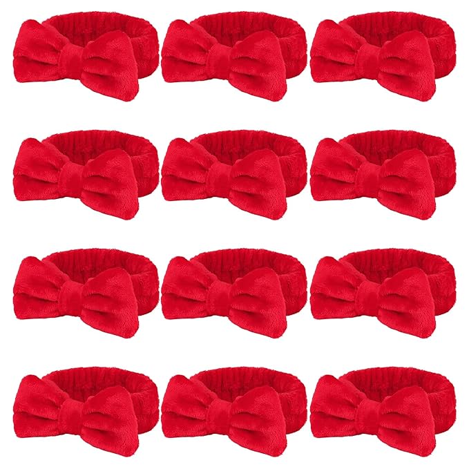 Casoty 12 Pcs Red Spa Headbands, Facewash Headbands, Soft Coral Fleece Makeup Hair band, Bow Hair Band for Face Washing Shower Skin Care Yoga