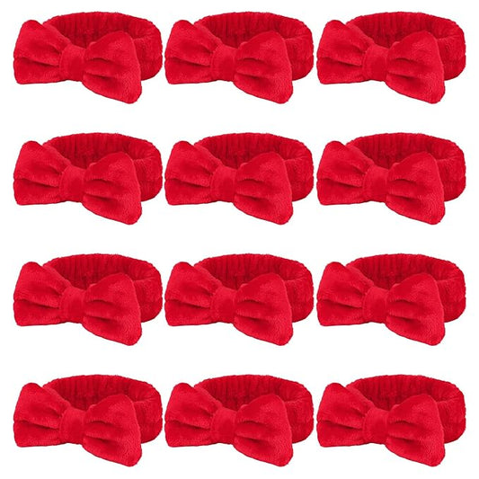 Casoty 12 Pcs Red Spa Headbands, Facewash Headbands, Soft Coral Fleece Makeup Hair band, Bow Hair Band for Face Washing Shower Skin Care Yoga