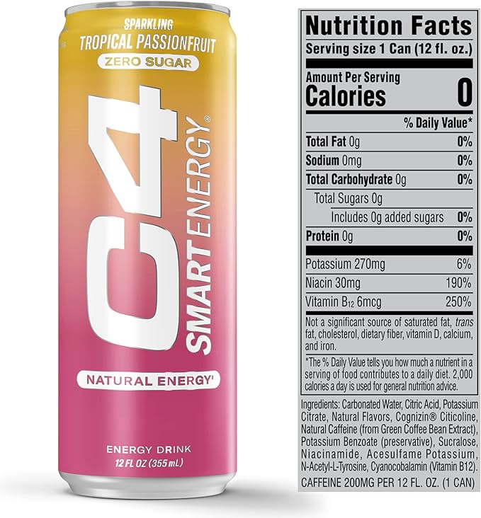 Cellucor C4 Smart Energy Drink - Sugar Free Performance Fuel & Nootropic Brain Booster, Coffee Substitute or Alternative | Tropical Passionfruit 12 Oz - 12 Pack