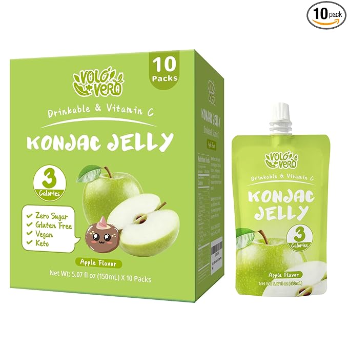 VOLO VERO Konjac Jelly Squeeze Pouch Apple Flavor, Low Calories (3 Kcal), 10 Packs, Gluten Free & Vegan, 0 Sugar, Keto, Low Carb, Drinkable Vitamin C Healthy Snacks, Holiday Gifts