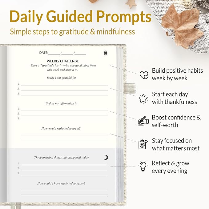 SUNEE Daily Gratitude Journal – Simple 5 Minute Journal for Daily Reflection, Build Positivity and Mindfulness, Undated Minimalist Planner for Women & Men (Beige)