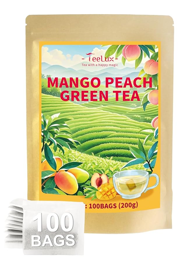 TeeLux Mango Peach Green Tea, Mango & Peach Flavored Steamed Green Tea, Fruit Aroma & Crisp Taste, 100 Count