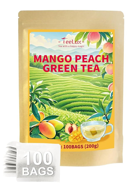 TeeLux Mango Peach Green Tea, Mango & Peach Flavored Steamed Green Tea, Fruit Aroma & Crisp Taste, 100 Count