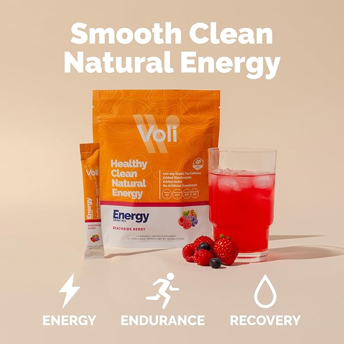 Voli Energy Drink Mix Packets | Natural Pre-Workout Powder with Green Tea Caffeine & B Vitamins, Amino Acids & Electrolytes for Sustained Focus, Hydration & Clean Energy | No Added Sugar, 15-Count