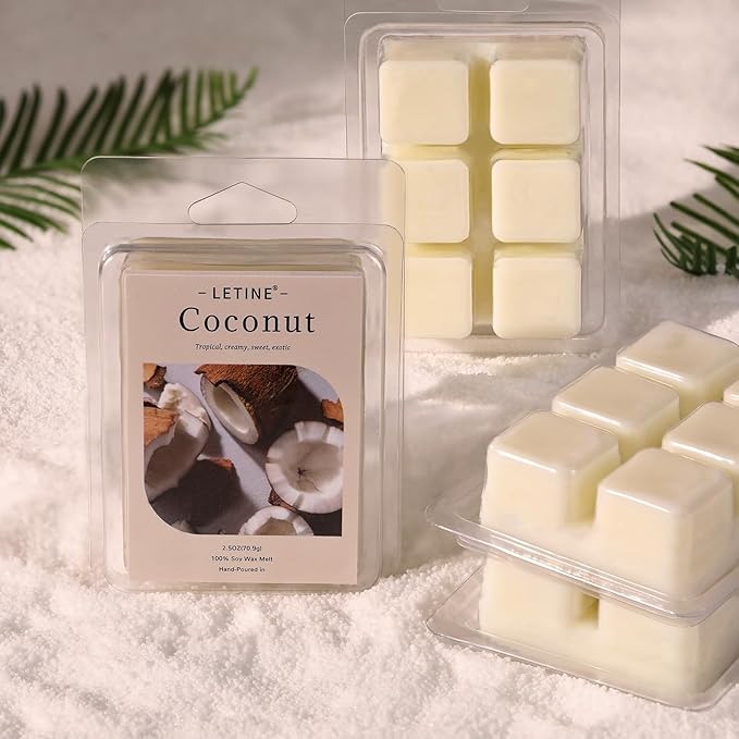 LETINE Wax Melts 10oz(4 Pack), Coconut Scented Wax Melts, 100% Soy Wax Melts Wax Cubes with All- Natural Strong & Non Toxic Essential Oil for Warmer, Gifts Set for Home Fragrance/Spa Aromatherapy