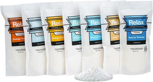 Relax Spa & Bath, Epsom & Dead Sea Salts, Aromatherapy Bath Salts for Hot Tub, Bath, or Spa, Infused with Magnesium, Muscle Recovery & Sports Therapy, 7 Pack, Relax RX Collection, 4 oz Each