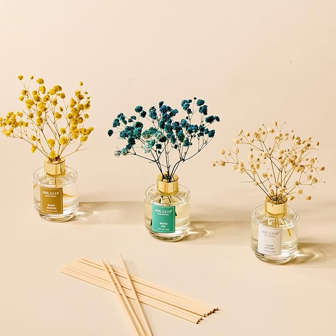 Airkeep Reed Diffuser Set of 3,Clean Cotton White Jasmine White Tea Oil Reed Diffusers for Bedroom Living Room Office Aromatherapy Oil Reed Diffuser for Gift 50ml x 3