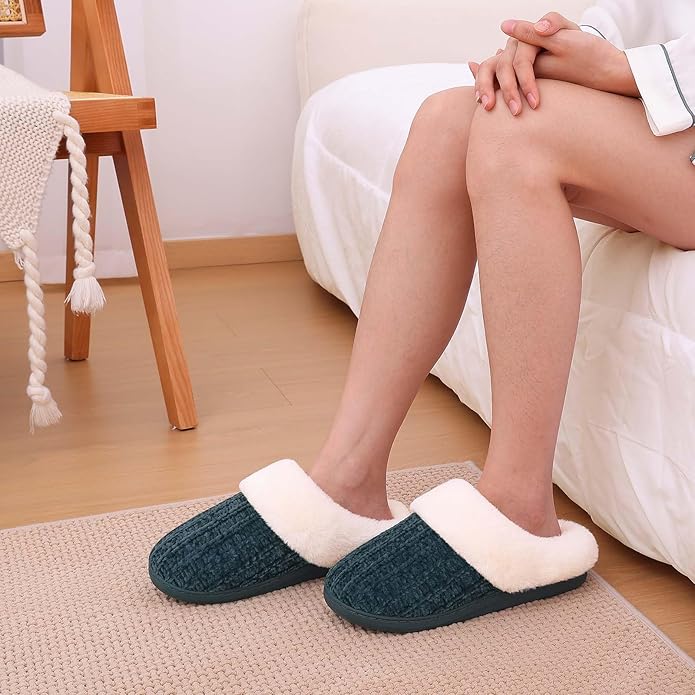 Evshine Warm Knit House Slippers for Women Comfy Wool-Like Lined Chenille Slippers with Memory Foam and Indoor Outdoor Soles