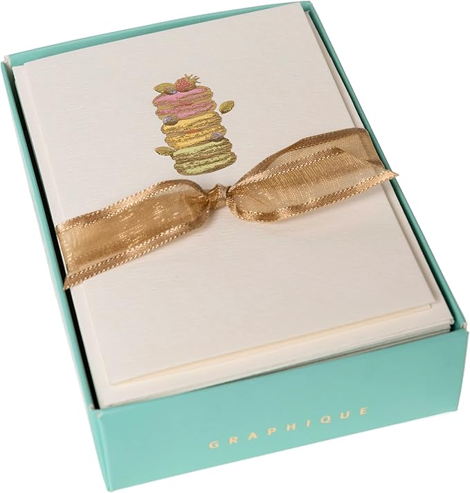 Graphique Macarons Cards | Pack of 10 Cards with Envelopes | Blank Inside | All Occasion Greetings | La Petite Presse Collection | Embossing and Gold Foil Accents | Boxed Set | 3.25" x 4.75"