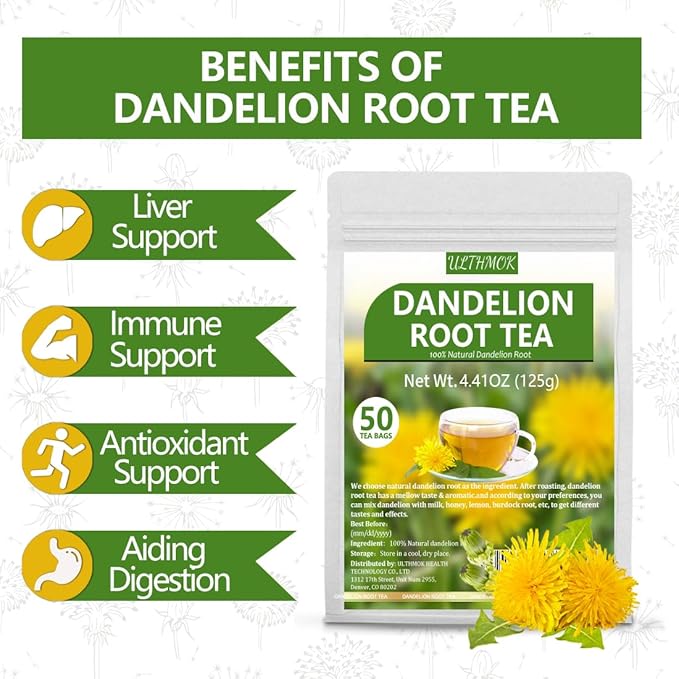 Premium Dandelion Root Tea,50 Tea Bags 4.4Oz/125g, for Liver & Kidney Health, Roasted Detox Herbal Tea. Support Digestion & Boost Immune System, Caffeine Free.