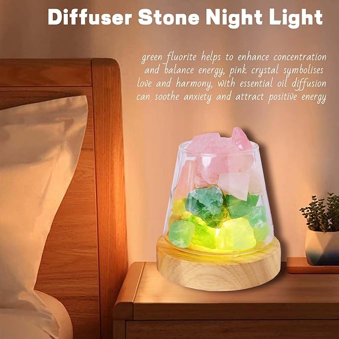 Runyangshi Healing Crystal Night Light Natural Green Fluorite Rose Quartz Raw Stone Aroma Diffuser USB Powered 3 Colour Adjustable Bedside Lamp for Bedroom Living Room Yoga Meditation Home Decor Gift
