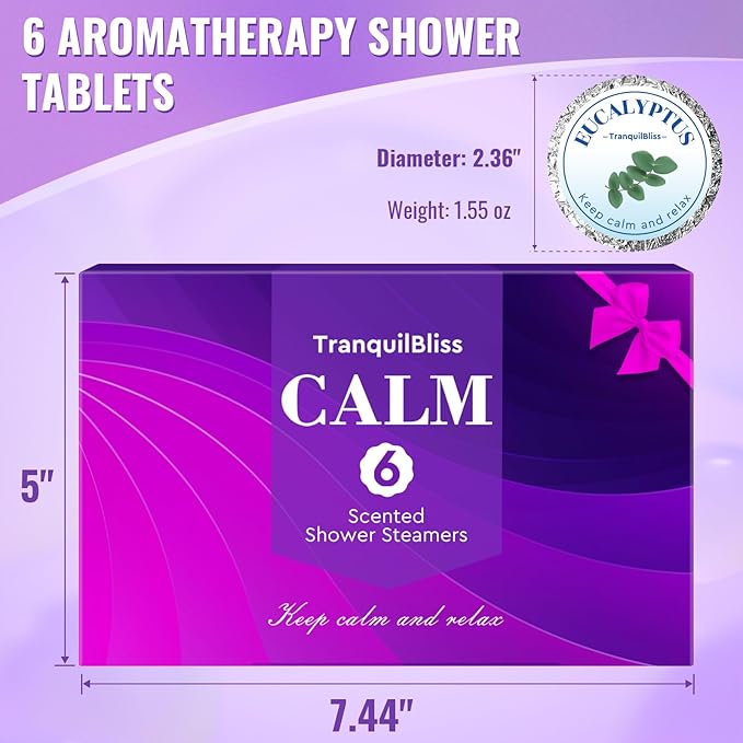 TranquilBliss Shower Steamers, Shower Bombs with Natural Fragrance, Self Care& Relaxation, Mother's Day, Christmas Birthday for Women and Mom, Individually Packaged, Purple Set 1 Packs(6 Tablets)