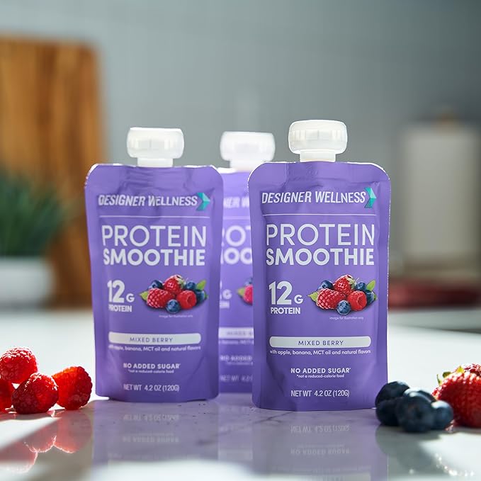 Designer Wellness Protein Smoothie, Real Fruit, 12g Protein, Low Carb, Zero Added Sugar, Gluten-Free, Non-GMO, No Artificial Colors or Flavors, Mixed Berry, 12 Count