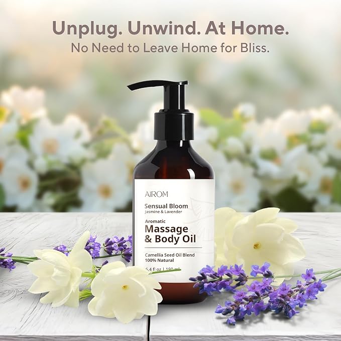 AiROM Jasmine & Lavender Massage Oil for Massage Therapy - Scented Body Oil for Women – Hypoallergenic, Relaxing Aromatherapy, Non-Greasy, Spa Quality, Nut-Free - 6.4 fl oz