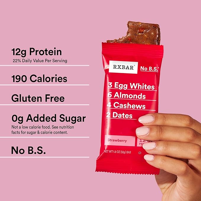 RXBAR Protein Bars, 12g Protein, Gluten Free Snacks, Strawberry, 22oz Box (12 Bars)