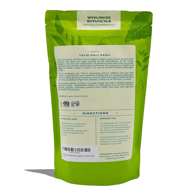 Worldwide Botanicals Organic Holy Basil Tea, 8oz - Tulsi Krishna - Loose Leaf Premium Herbal Tea, 100% Pure Tulsi Holy Basil, Fair Trade, Adaptogenic, Kosher