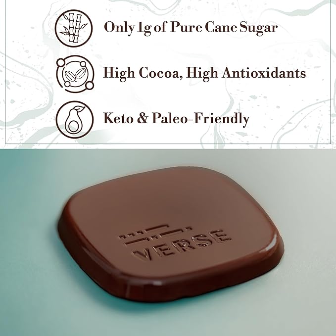 Verse 90% Dark Chocolate Squares - Only 1g Cane Sugar - Creamy Dark Cocoa - Individually Wrapped Cacao Chocolate Squares (9 Count, 2 Pack)