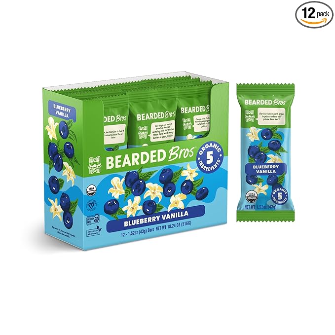 Bearded Brothers, Organic Vegan Protein Energy Bars, Blueberry Vanilla (12 Pack) - Gluten Free, Paleo, Fiber, Whole 30 | Non GMO Low Glycemic Snacks (Packaging May Vary)