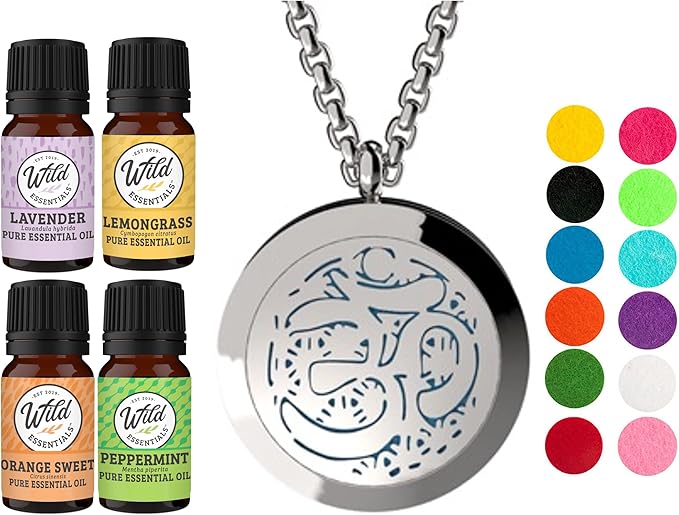 Wild Essentials Aum Om Necklace Essential Oil Diffuser Kit with Lavender, Lemongrass, Peppermint, Orange Oils, 12 Refill Pads, Calming Aromatherapy Gift Set, Customizable Color Changing, Perfume