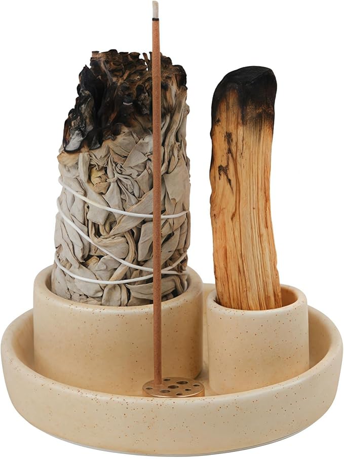4 in 1 Incense Holder, Ceramic Incense Stick and Palo Santo Holder,Sage Holder for Burning- 5.5" Ceramic Ash Catcher Tray for Meditation and Yoga Room (Sand Gravel)