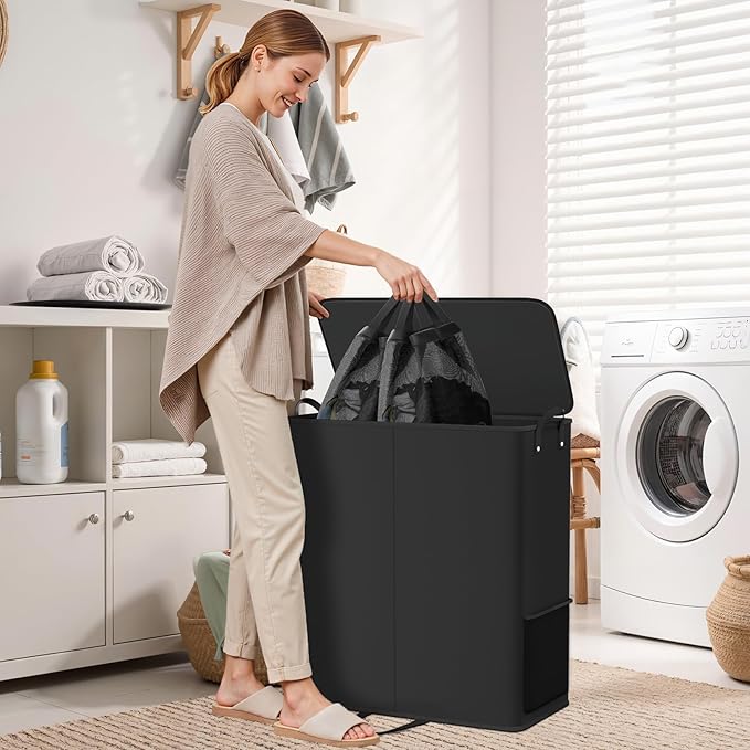 Large Double Laundry Hamper with Lid, Removable Bags & Reinforced Handles, 2 Section Tall Laundry Basket, Dirty Clothes Hampers for Laundry Room, Bedroom, Bathroom, Dorm, 155L, Black