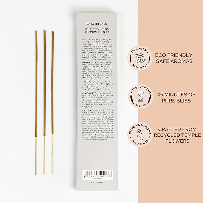 Carnatia Daily Rituals Incense Sticks Set – Coffee & Chamomile Scents for Morning Energy & Evening Relaxation | 100% Natural, Handcrafted Incense for Daily Wellness & Mindful Moments