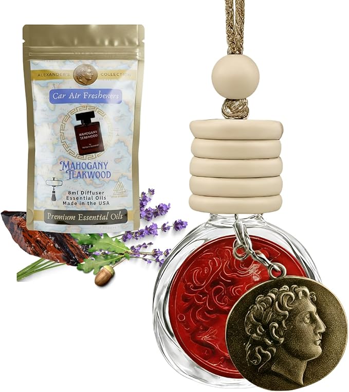 Mahogany Teakwood Car Air Freshener – Alexander Collection by House of Olympus | Luxury Hanging Diffuser | Long-Lasting Scent | Antique Bronze Coin Charm