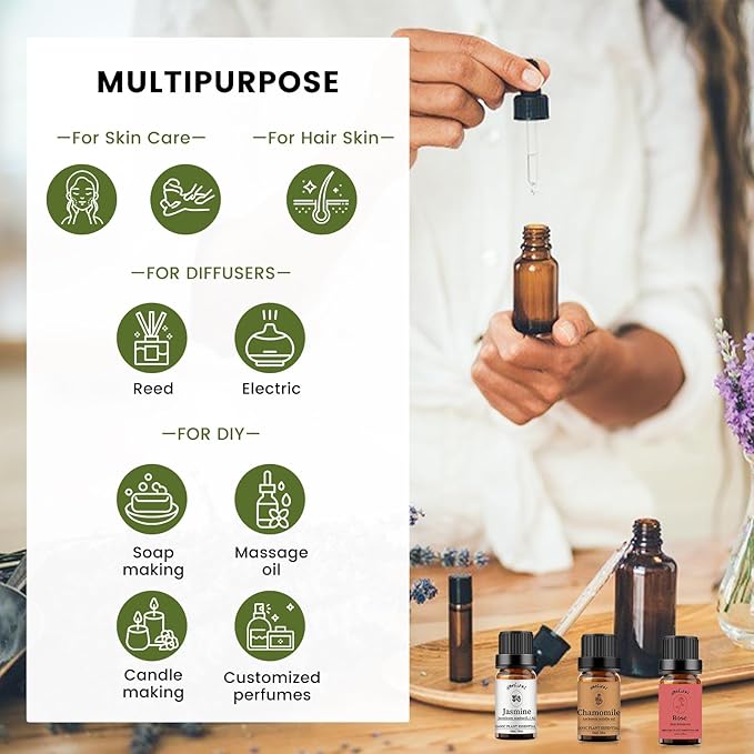 yethious Rose Jasmine Chamomile Essential Oil Set Organic 100% Pure Aromatherapy Oil for Diffuser, Soap, Candle Making 3 X 10ML