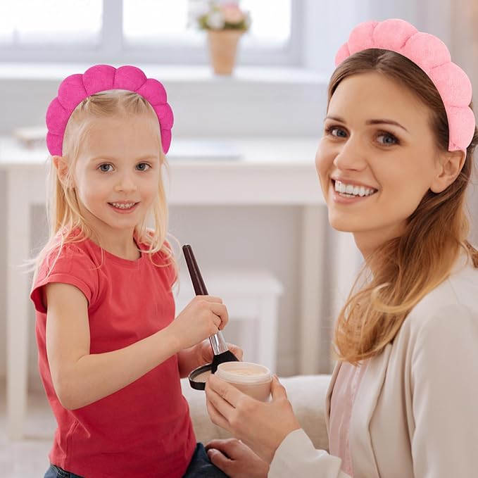 AMCAMI Puffy Spa Headband for Women Sponge Headbands for Girls 2 PCS Terry Towel Cloth Fabric Head Band for Skincare,Makeup Removal,Face Washing,Facial Mask,Shower,Hair Accessories(Red&Light Pink)