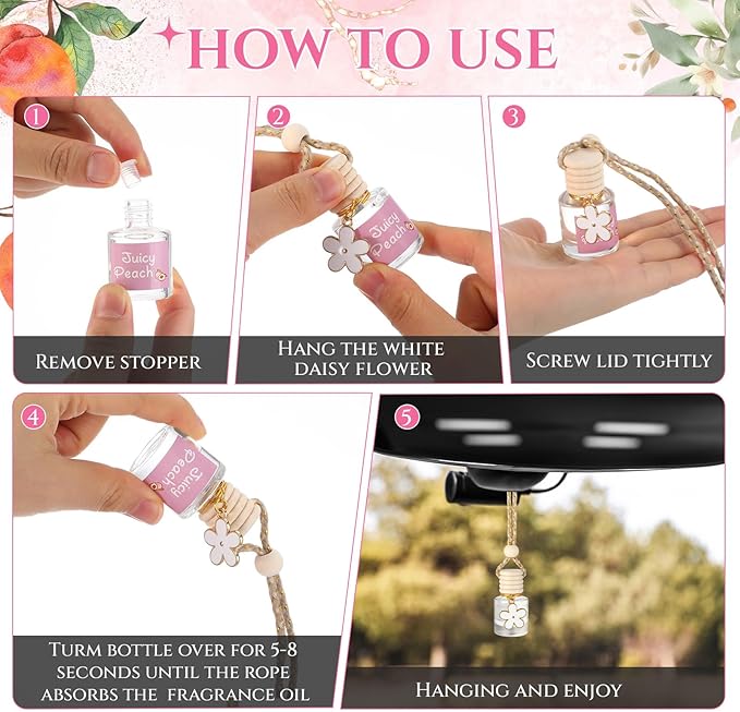 2 Sets Hanging Car Air Freshener and Essential Oil Diffuser, Car Air Freshener Daisy Essential Oil Diffuser Long Lasting Automobile Aromatherapy(White,Juicy Peach)