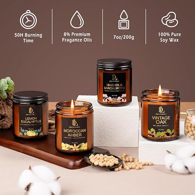 Scented Candle Set, Men Candle Set, Candles for Home Scented Gifts, 4Pack 28oz Soy Candles, Scents of Lemon Eucalyptus/Moroccan Amber/Magnolia & Sandalwood/Vintage Oak