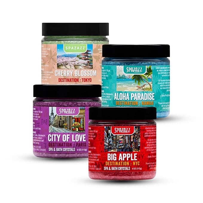 Spazazz Hot Tub Aromatherapy Destination Collection Bath Salt Crystals Four- 4oz Pack - Aloha Paradise, Big Apple, City of Love, Cherry Blossom - Bath Salts Perfect for Hot Tubs, Baths, and Foot Soaks