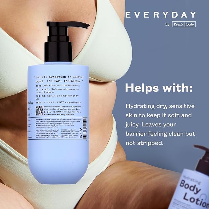 frank body Hydrating Body Lotion | Hydrates, Soothes & Moisturizes Dry Skin | Hyaluronic Acid, Aloe Vera & Glycerin | Lightweight | Cucumber & Waterlily Scent | Vegan & Cruelty Free | 250ml