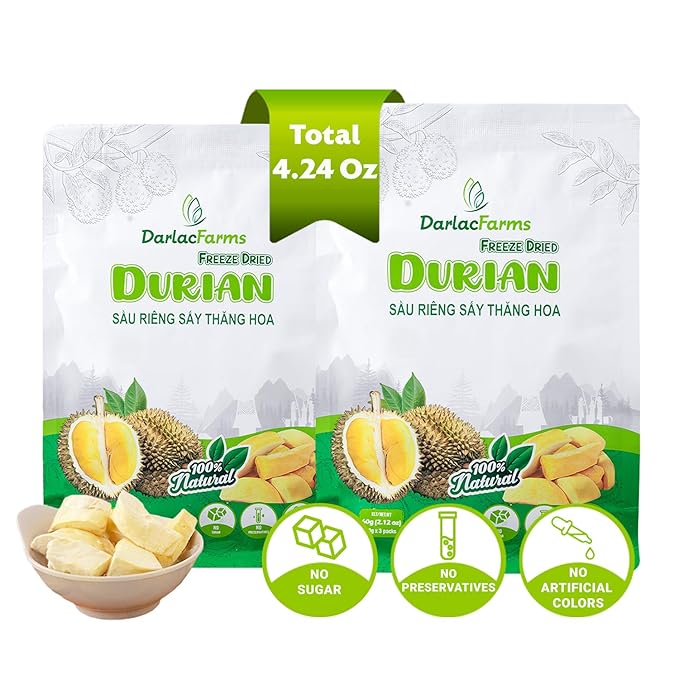 DARLAC FARMS Freeze Dried Durian Bites Pack 2 (0.7 Oz x 6 Counts), Premium Organic Crispy Crunchy Natural Healthy Fruit Snacks for Kids & All Ages, No Sugar Added