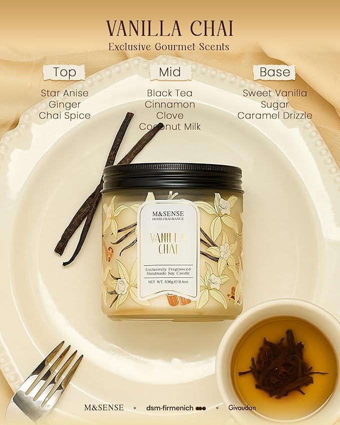 M&SENSE Vanilla Chai Scented Candle, 11.6oz Natural Soy Wax, 70 Hours Long Lasting Clean Burn, Holiday Jar Candle for Home Decor, Non-Toxic Relaxing Aromatherapy Gifts for Women