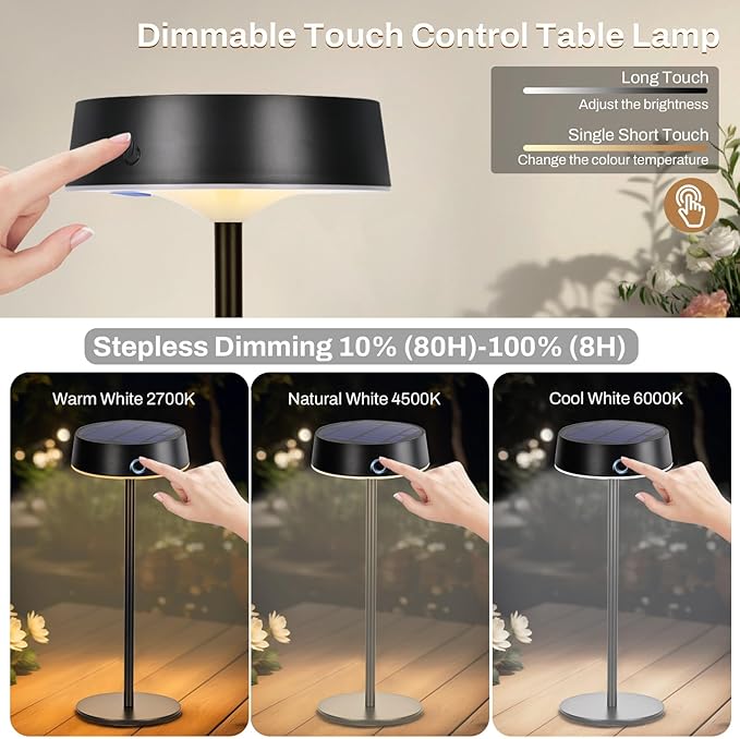 Lacasa Cordless Solar Table Lamps Rechargeable, 2 Pack Touch Dimmable Battery Operated Table Lamp, 200LM 3 Modes LED Desk Lamp IP67 Waterproof Portable Lamp Table Night Light for Indoor and Outdoor