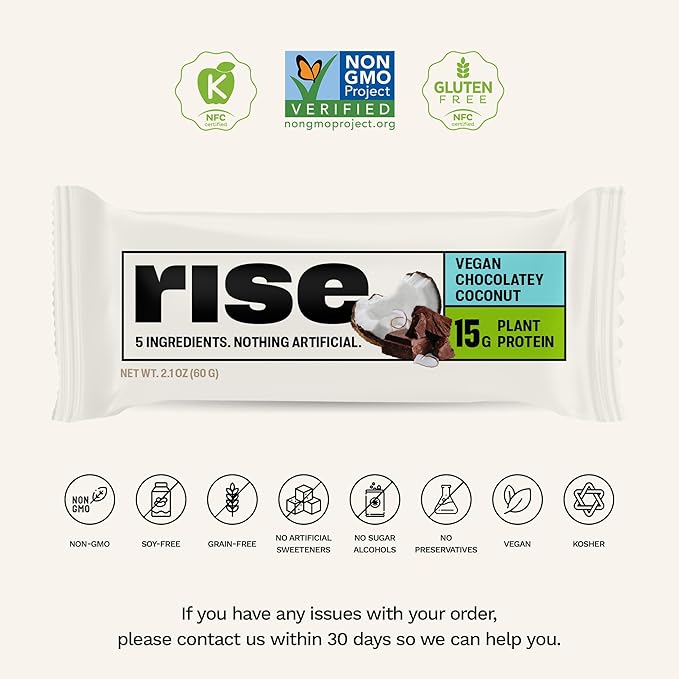 Rise Pea Protein Bar - Chocolately Coconut | Breakfast Bar & Protein Snack 15g Protein Just 5 Whole Food Ingredients Non-GMO Gluten-Free Soy Free