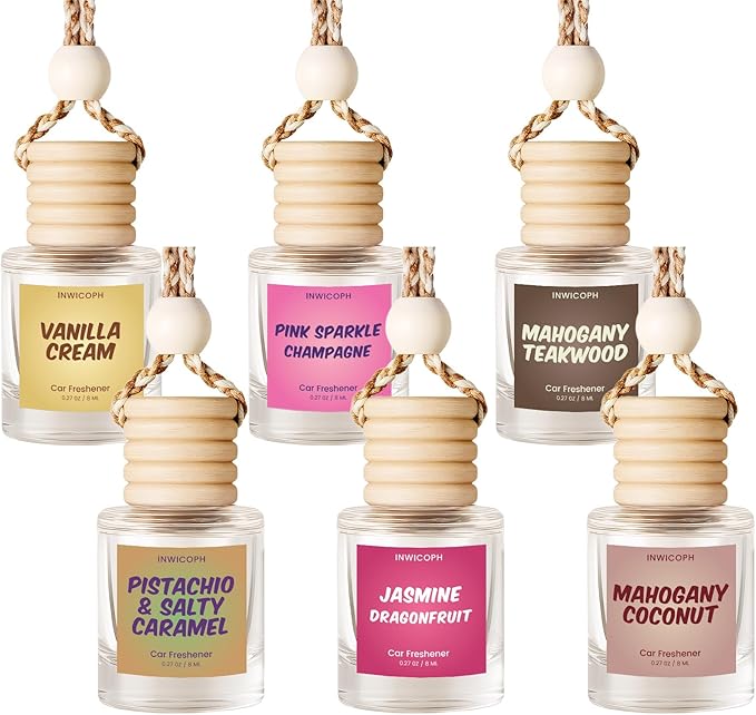 Car Air Freshener Diffuser 6 Pack Hanging Air Freshener, Vanilla Cream, Pink Sparkle Champagne, Mahogany Teakwood, Pistachio & Salty Caramel, Jasmine Dragonfruit and Mahogany Coconut Scents